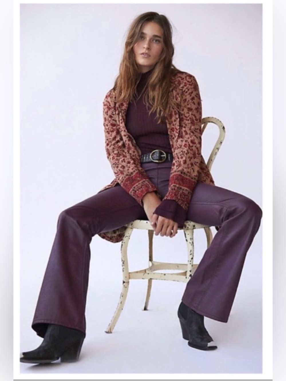 NWOT Free People Penny Pull On Vegan Leather Flares, Port, Size 25